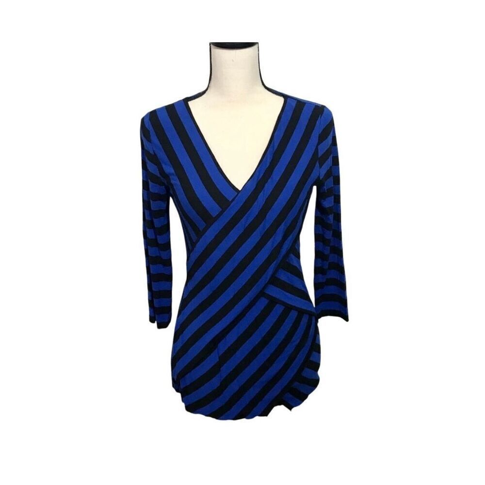 Vince Camuto Black & Blue Striped Zig Zag Blouse Size M